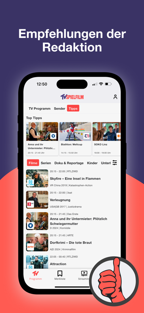 TV SPIELFILM - TV Programm - A smartphone display showing the TV SPIELFILM app editorial recommendations for German movies and TV shows with a list of program highlights