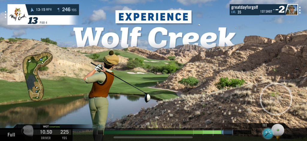 WGT Golf: Realistic Golf Game - A golfer prepares for a shot at the photorealistic Wolf Creek course in the WGT Golf mobile game