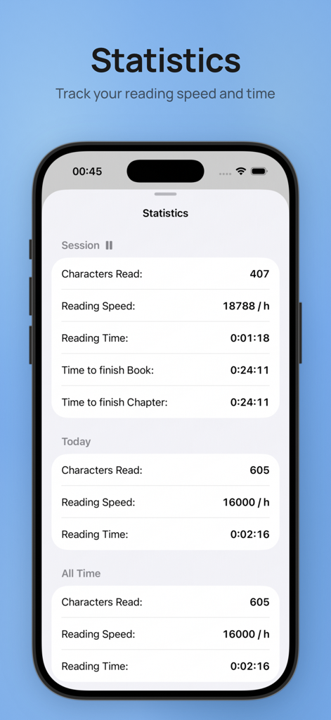 Hoshi Reader - Captura de pantalla de la aplicación Hoshi Reader que muestra estadísticas de lectura como caracteres leídos, velocidad y tiempo