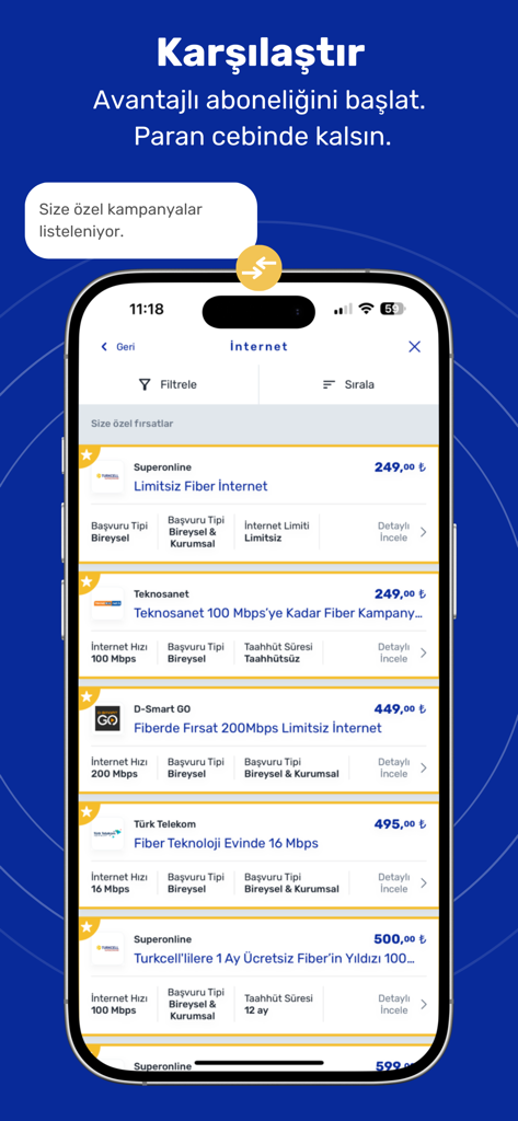 Abonesepeti Abonelik Yönetimi - A mobile app interface displaying a comparison list of internet service subscription plans and monthly prices