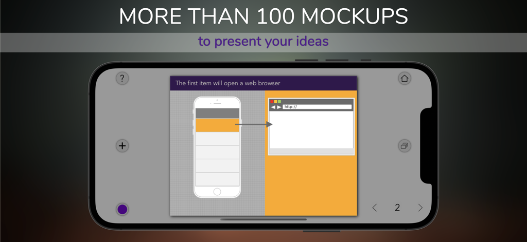 Designs+ for UI Design - Interface of Designs plus app on iPhone showing a UI wireframe with a mobile app and web browser mockup.