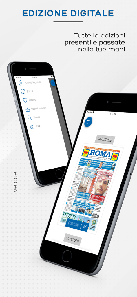 Roma edicola digitale - Two smartphones displaying the Roma edicola digitale app menu and a digital newspaper edition.