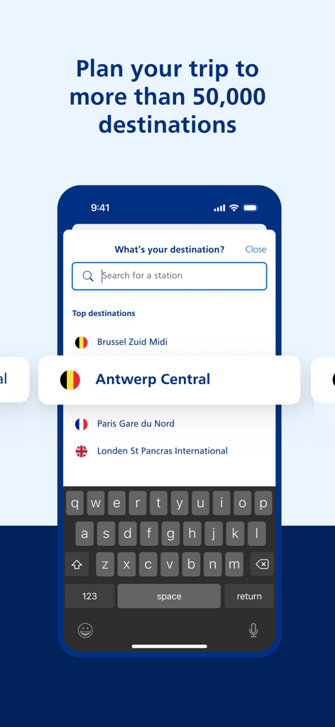 NS International - NS International app interface showing the destination search screen for planning European train trips