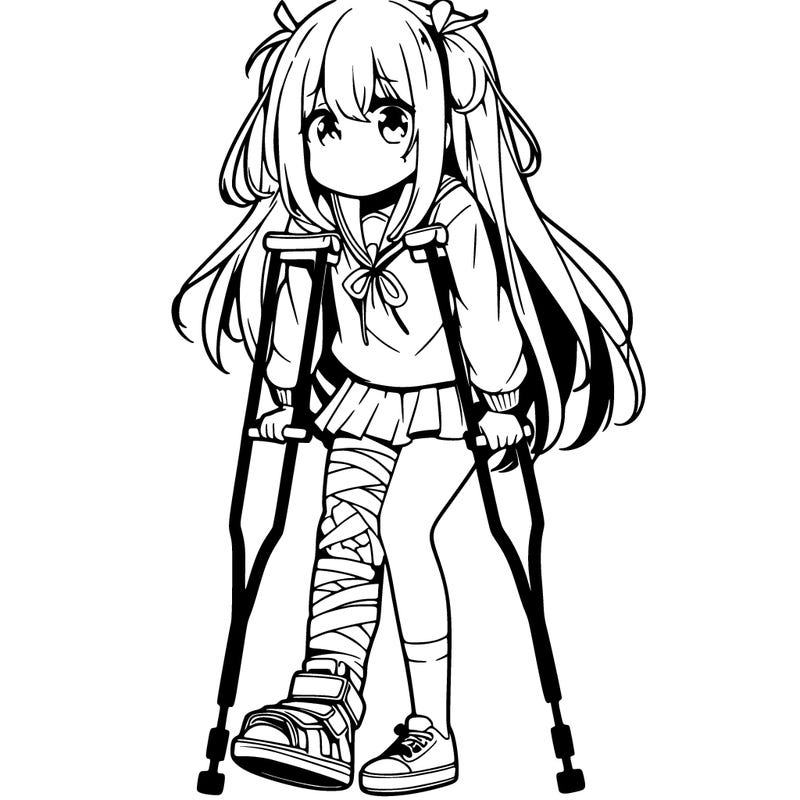 anime girl with a broken ankle and crutches