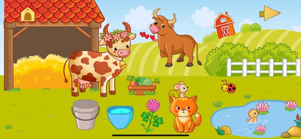 Farm animal pet games for kids - Escena de granja de dibujos animados con una vaca, un toro, un gatito y un patito en un estanque de un juego educativo para niños