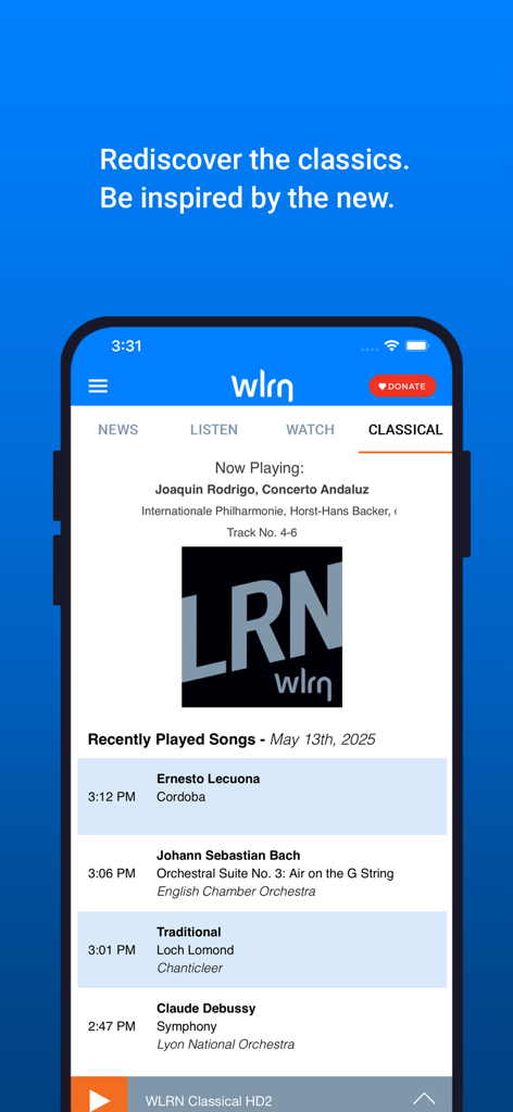 WLRN Public Media - WLRN app classical music player screen with recently played songs