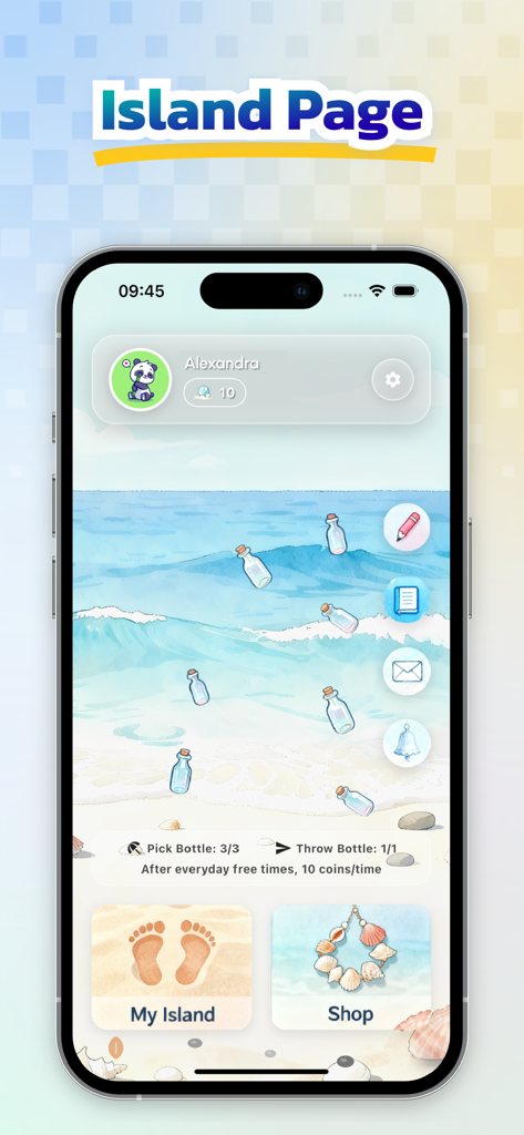 La página de la Isla de la aplicación TenderU con botellas a la deriva flotando en un paisaje marino