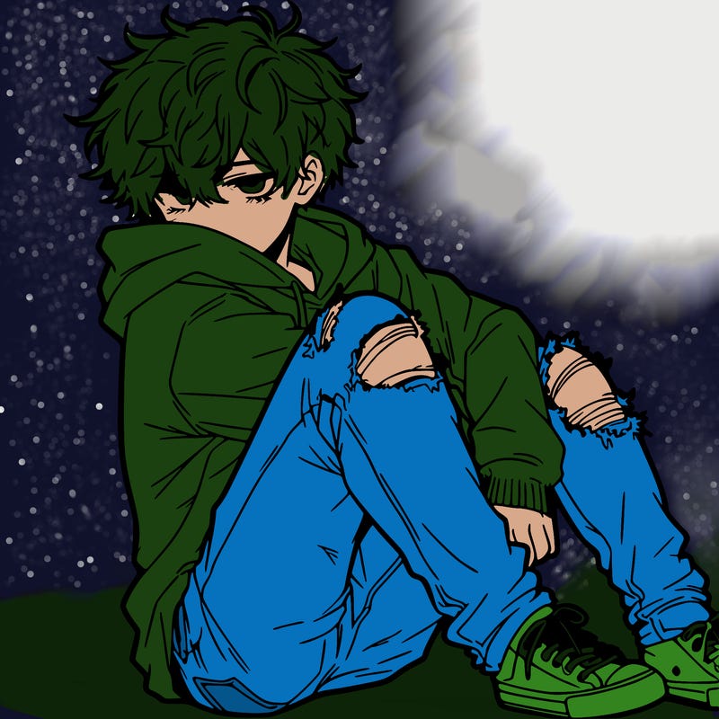 a male hoddie ripped jeans messy hair anime