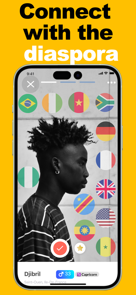 Afrosmeet – Black Dating App - Interfaz de la aplicación de citas Afrosmeet que muestra un perfil de usuario y banderas globales para conectarse con la diáspora.