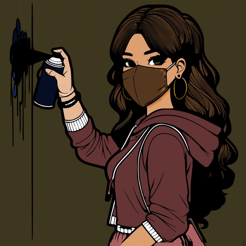 realistic girl with mask spray painting a wall