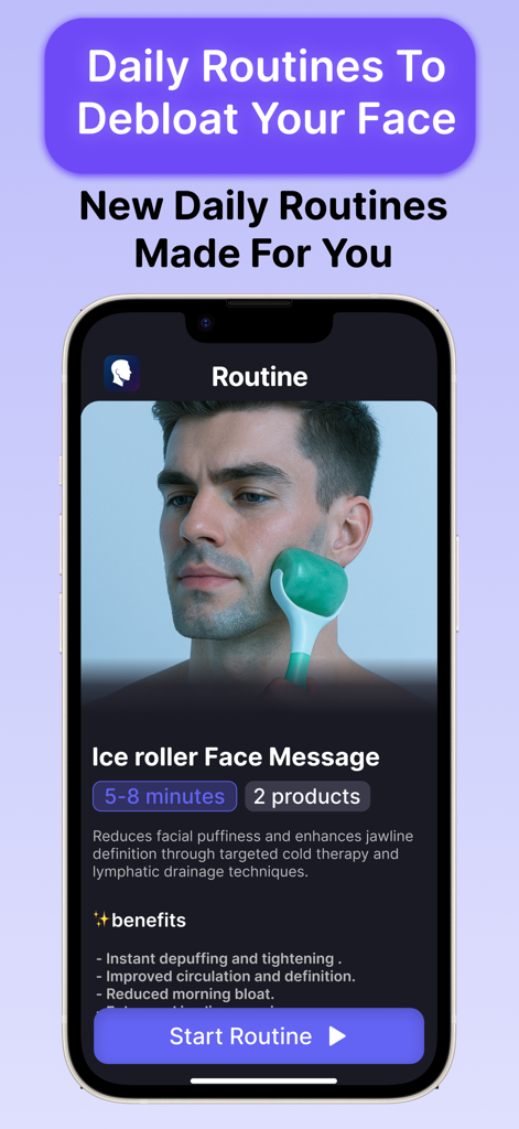 A smartphone screen displaying the Depuff AI app with a male face massage routine using an ice roller to reduce bloating.