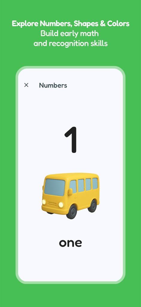 Little Learners Cards - Tarjeta educativa que muestra el número uno con la ilustración de un autobús escolar amarillo para el aprendizaje de niños pequeños.