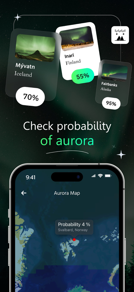Aurora Forecast App-Oberfläche mit Nordlicht-Sichtbarkeitsprozentsätzen für verschiedene Standorte und einer Echtzeit-Tracking-Karte