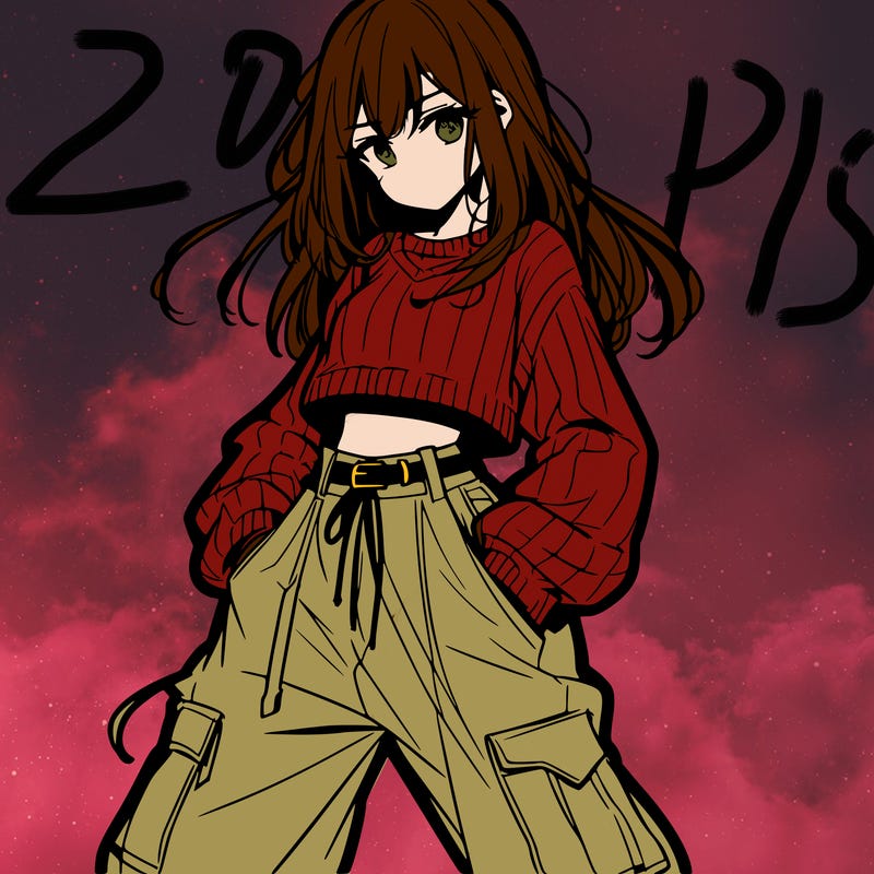 anime teen girl with baggy pants and crop top with sweater