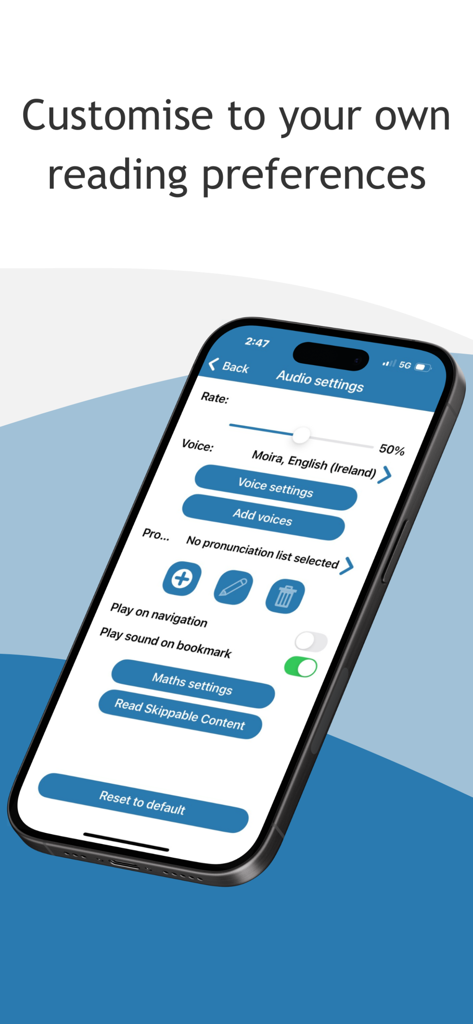 Audio settings screen in the Dolphin EasyReader app showing text-to-speech voice and reading rate customization options.