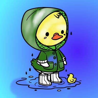 baby duck in a rain coat and boots, in a puddle while it’s raining