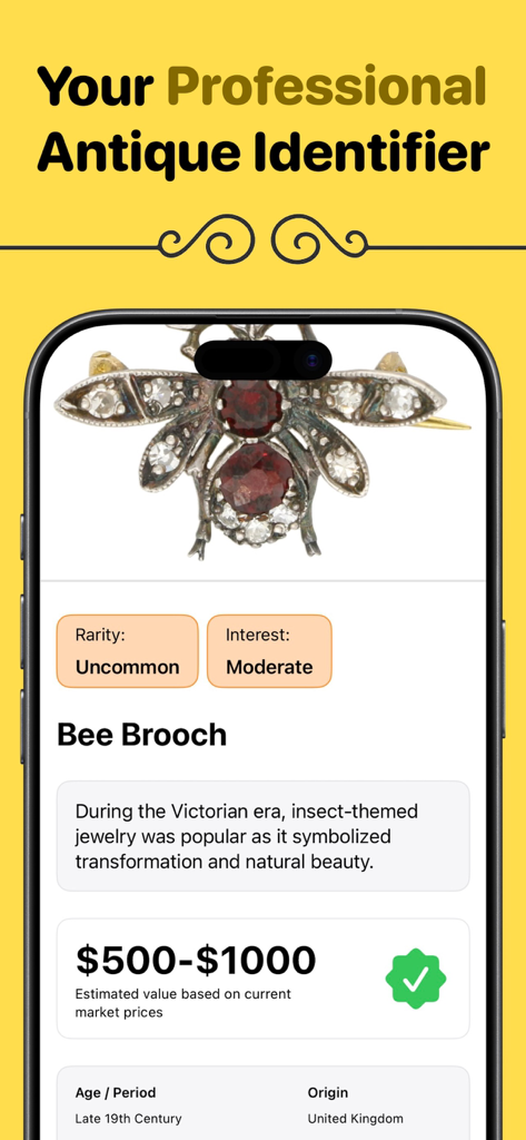 Aplicación Antique ID mostrando una estimación de precio y rareza para un broche de abeja victoriano.