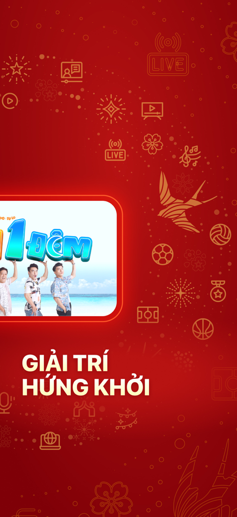 VTVcab ON - Giải trí bất tận - Werbebildschirm für VTVcab ON mit einer vietnamesischen Varieté-Show und Unterhaltungs-Icons auf rotem Hintergrund