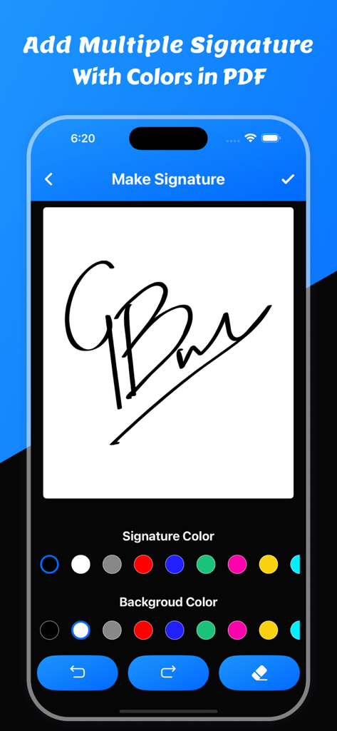PDFエディタアプリで、さまざまな色のオプションを使用してデジタル署名を作成およびカスタマイズするためのインターフェイス。