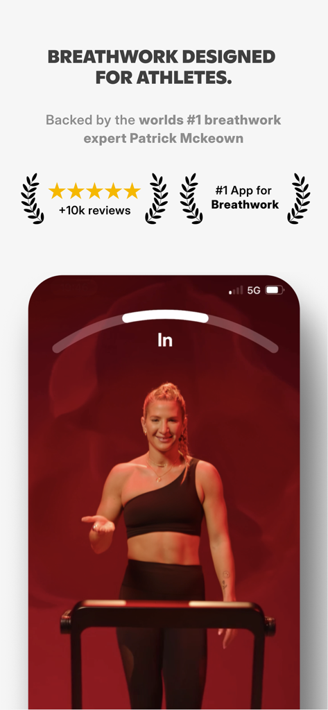 FivePointFive: Breathwork - Screenshot of the FivePointFive breathwork app featuring an athlete instructor leading a breathing session