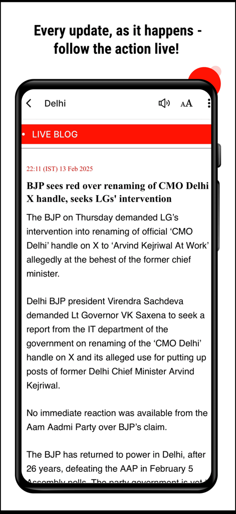 Indian Express News + Epaper - The Indian Express app displaying a live news blog article on a smartphone