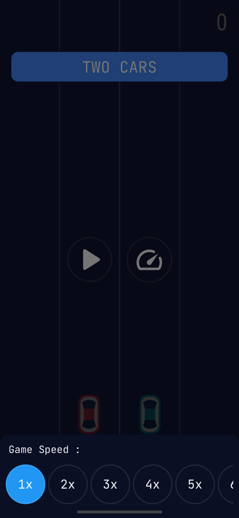 Menú principal del juego Two Cars con ajustes de velocidad de juego ajustables
