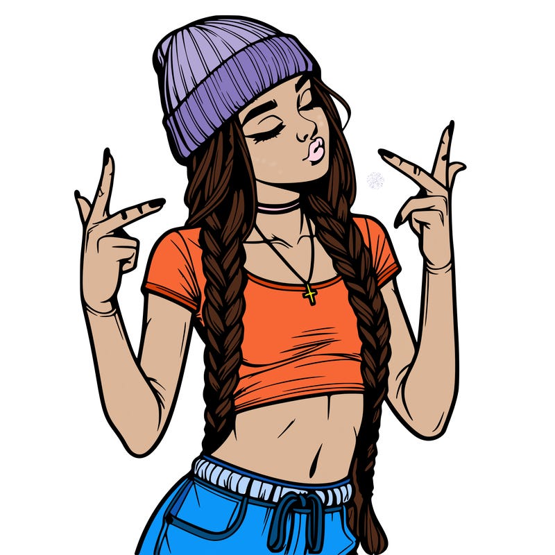 realistic teenage girl with braids and a beanie and crop top doing 🫶🏼