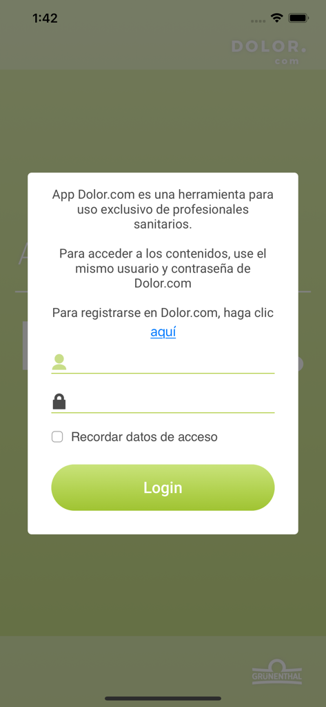 App Dolor.com - Pantalla de inicio de sesión de la aplicación médica Dolor para profesionales de la salud.