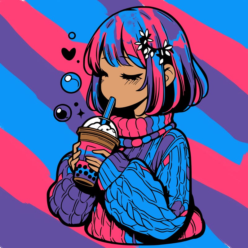manga girl drinking boba in cozy sweater