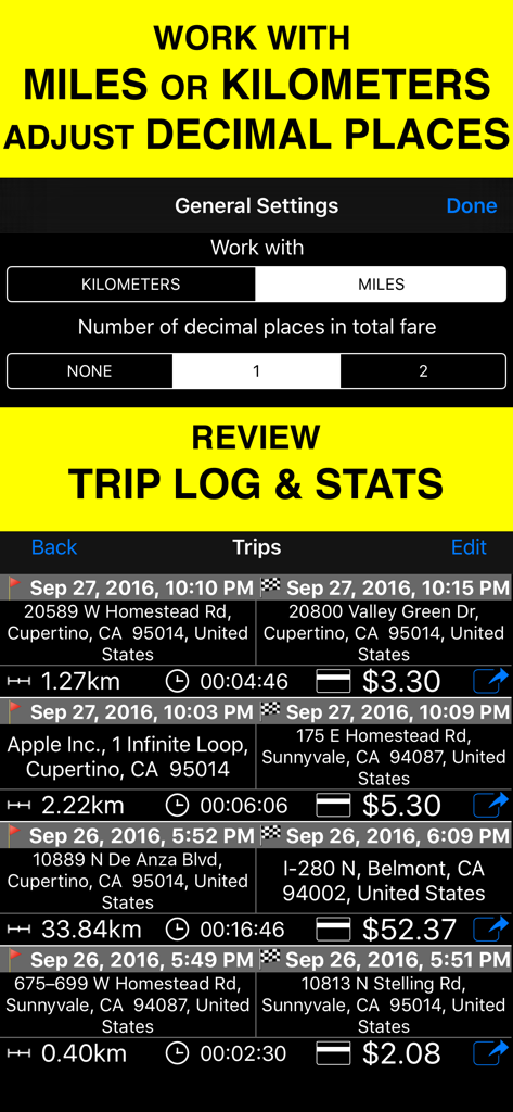Taximeter app interface displaying trip logs with fare details and distance unit settings