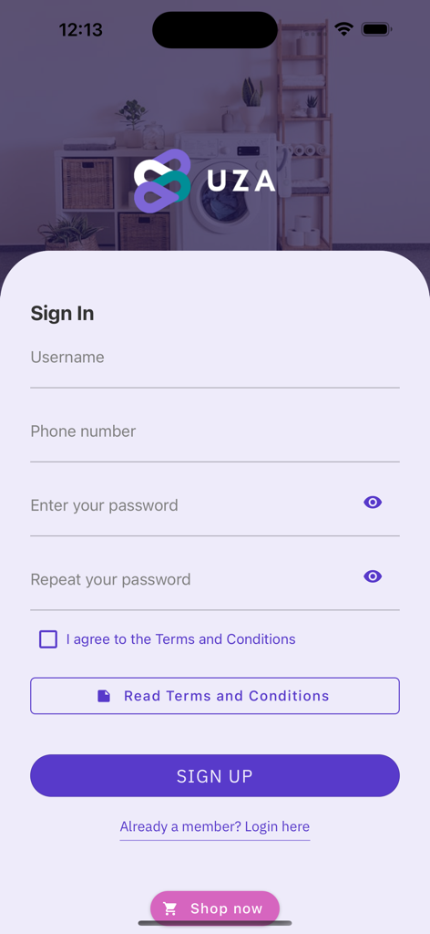 Tela de registro do aplicativo UZA Rwanda com campos para nome de usuário, número de telefone e senha