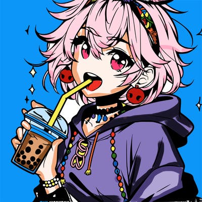 hot baddie anime girl drinking boba and biting the straw