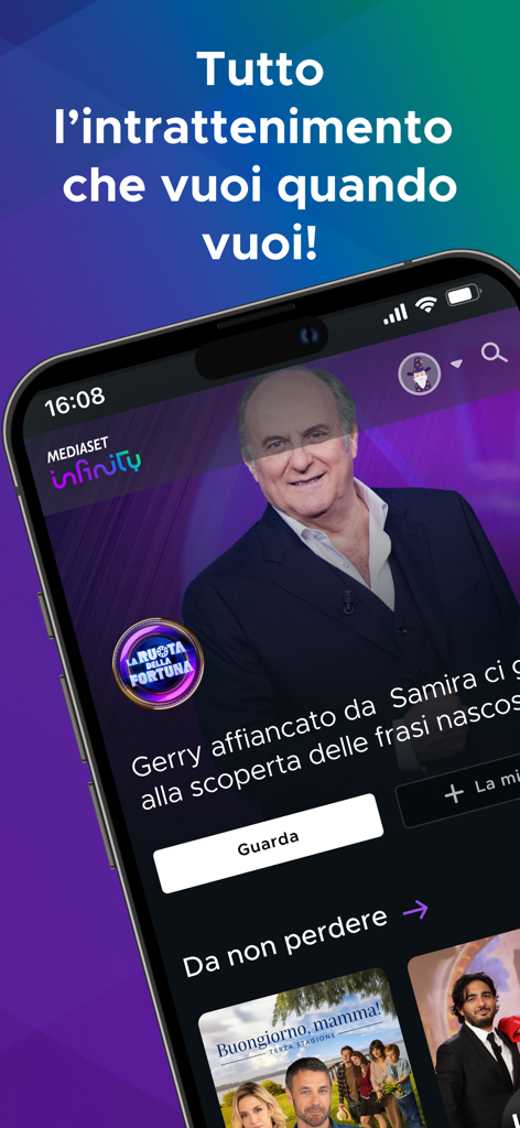 Mediaset Infinity app interface featuring popular Italian TV shows and entertainment programs.