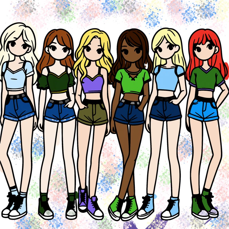 a group of girls wearing crop tops and shorts