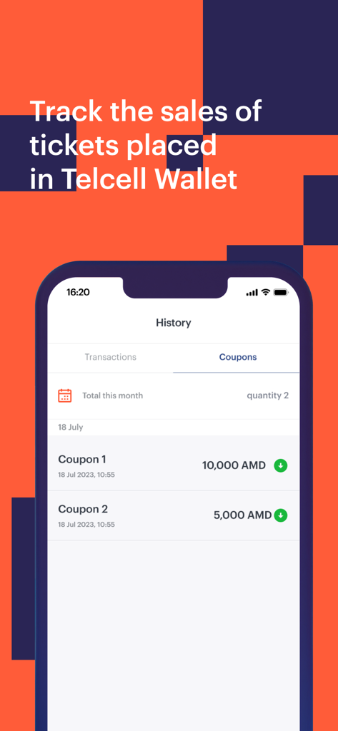 Telcell Business - Mobile app interface of Telcell Business showing a history of ticket and coupon sales transactions