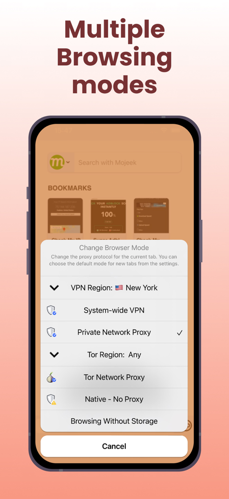 Dash VPN app interface showing different browsing mode options like System wide VPN and Tor Network Proxy