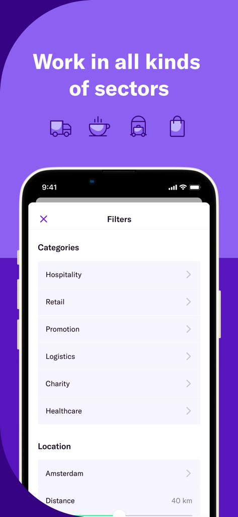 Temper | Flex Work and Gigs - Temper app screen showing job filters for sectors like hospitality retail and logistics