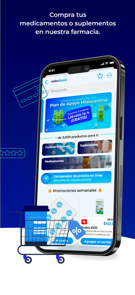 A smartphone displaying the MIDOCONLINE app pharmacy interface called MiDocFarma with categories for hygiene products supplements and medications