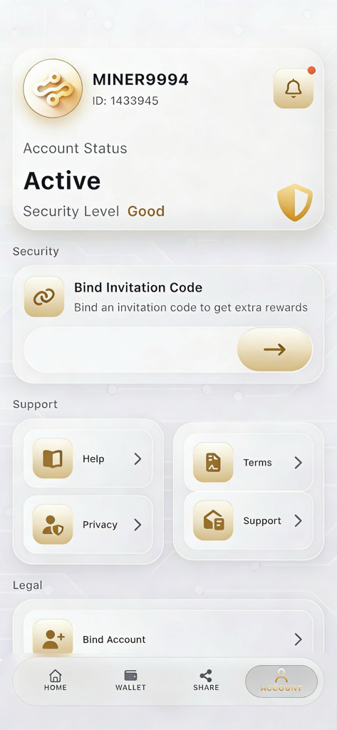 BitVexor: Crypto Rewards - Panel de cuenta de la aplicación móvil BitVexor con estado activo y configuraciones de nivel de seguridad