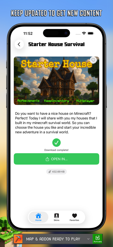 Master Craft for Minecraft PE - Aplicativo Master Craft mostrando um download concluído para um mapa de casa inicial de sobrevivência para Minecraft PE
