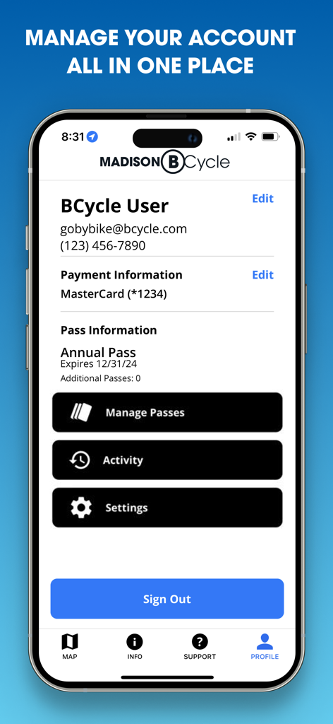 BCycle - Tela de perfil do usuário do aplicativo BCycle de Madison mostrando detalhes da conta, informações de pagamento e status do passe anual
