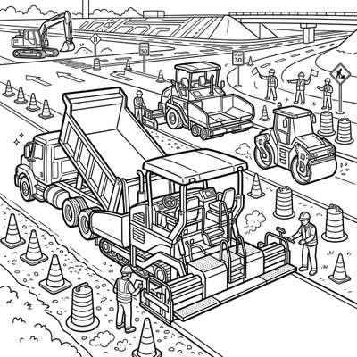 Discover the fascinating process of road building with this intricate asphalt pavers coloring page. It features a bustling construction site complete with essential heavy machinery and diligent workers, offering an engaging artistic challenge.