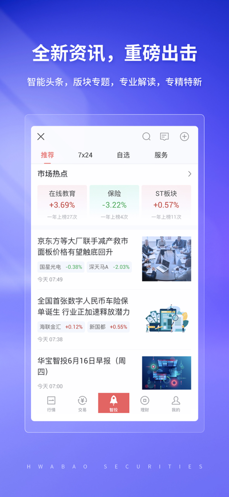 华宝智投-专注智能交易 - Huabao Zhitou mobile app interface displaying real-time financial news and market sector performance.