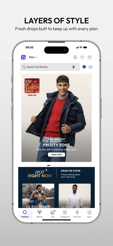 Tata CLiQ Fashion Shopping - Tata CLiQ Fashion app interface featuring a men's winter wear banner and brand deals