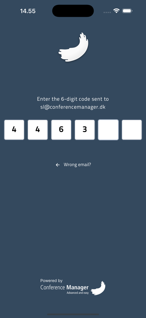 CM Events - 6-digit verification code entry screen in the CM Events mobile app