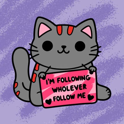 cat with a sign that says i’m following whoever follows me