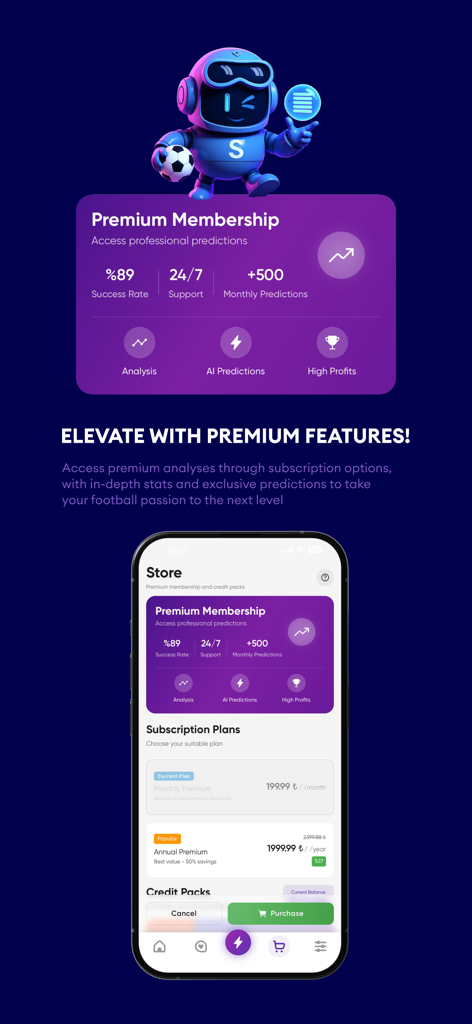 Super Score AI app screen displaying premium subscription plans and AI-powered prediction benefits.