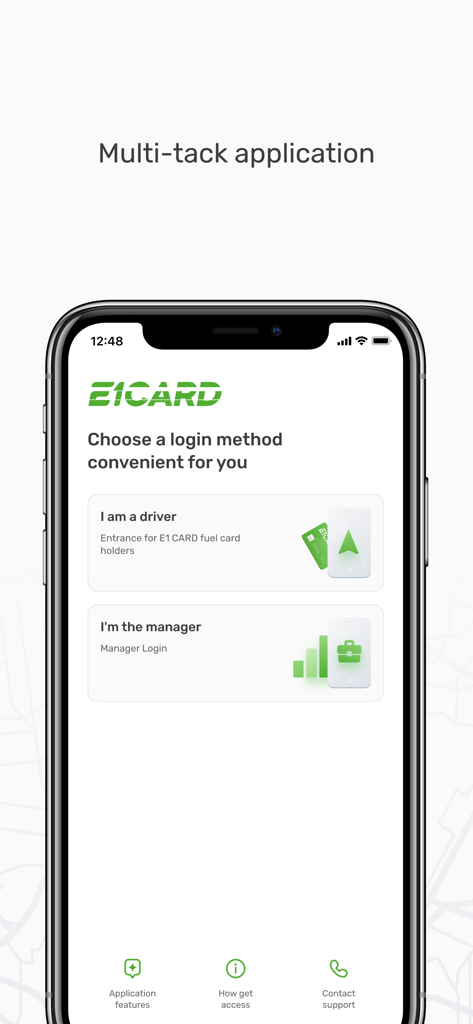 Anmeldebildschirm der mobilen E1 CARD App mit separaten Auswahlmöglichkeiten für Fahrer und Flottenmanager