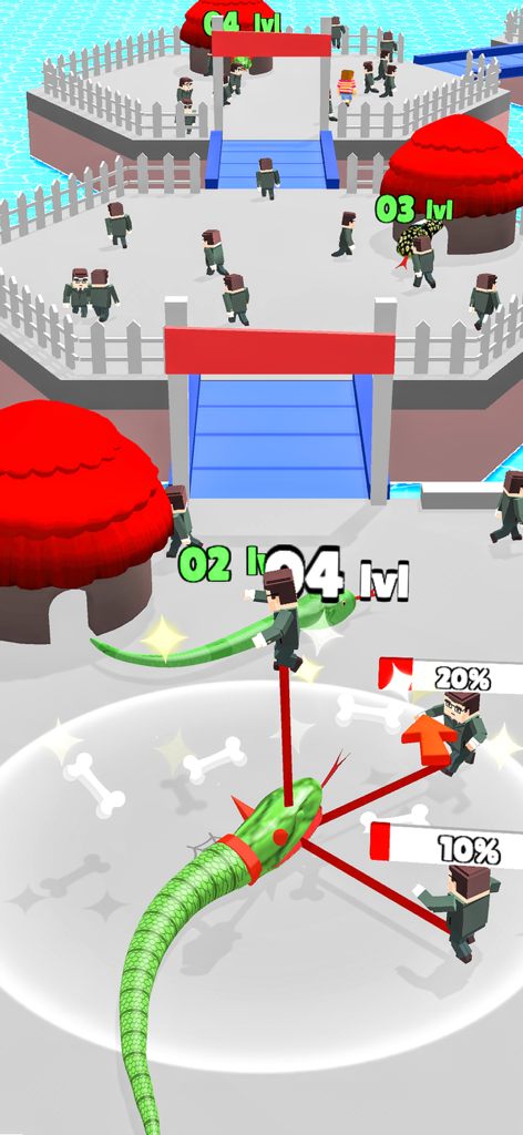 Una serpiente verde atacando personajes humanoides y capturando cabañas rojas en un entorno 3D.