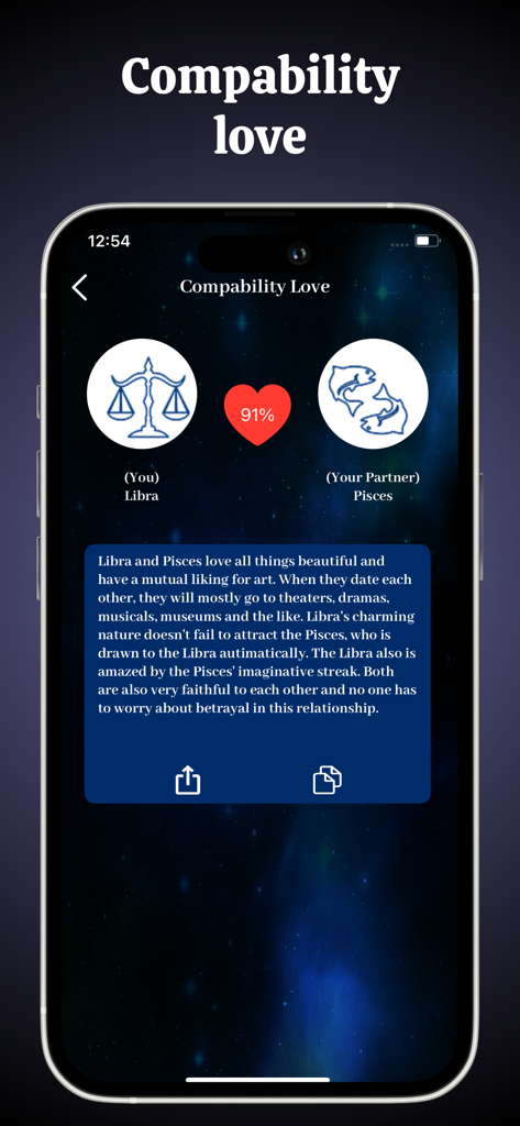 A mobile screen showing a 91 percent love compatibility match between Libra and Pisces